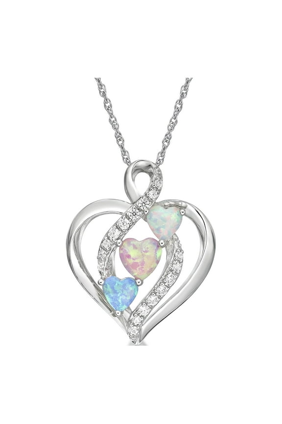 925 Sterling Silver Lab Created Blue, Pink and White Opal with Simulated White Diamond Open Halo Heart Pendant on an 18" Fine Rope Chain