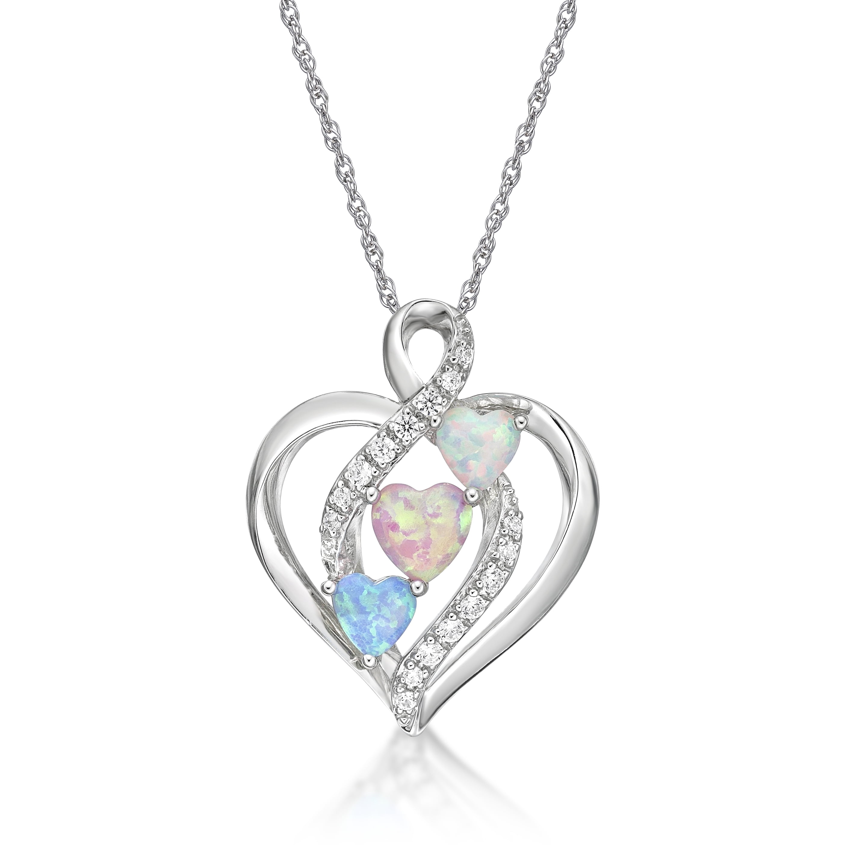 Brilliance Fine Jewelry 925 Sterling Silver Lab Created Blue, Pink and White Opal with Simulated White Diamond Heart Pendant, 18" Chain