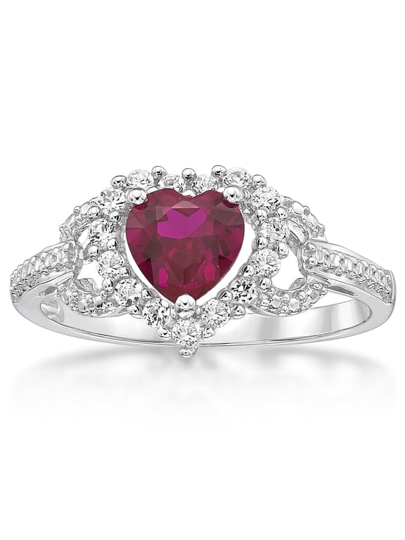 925 Sterling Silver Lab Created Ruby and Created White Sapphire Heart Ring
