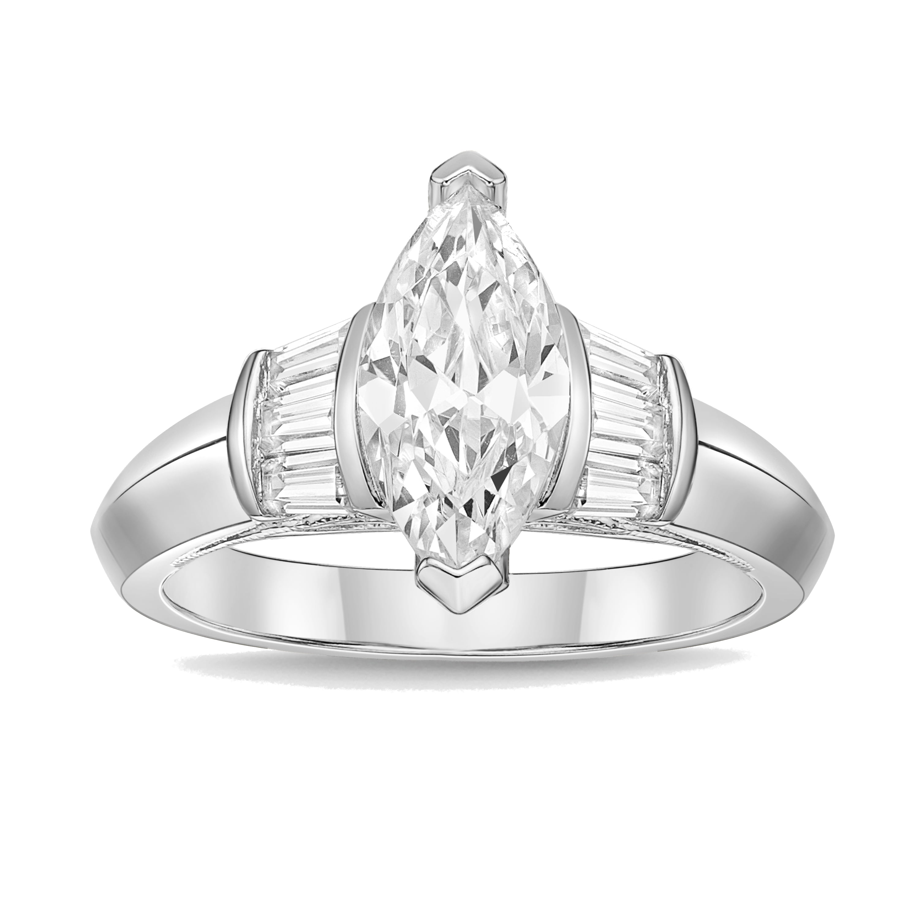 Brilliance Fine Jewelry 925 Sterling Silver Classic Solitaire Marquise Cut  Simulated White Diamond and Baguette Channel CZ Gemstone Cocktail Ring