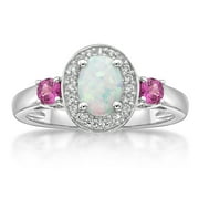 Brilliance Fine Jewelry 925 Sterling Silver Oval Lab Created Opal, Pink Sapphire and White Sapphire Ring