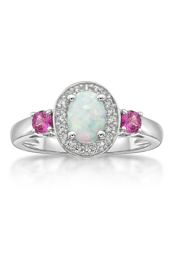 925 Sterling Silver Oval Lab Created Opal, Pink Sapphire and White Sapphire Ring