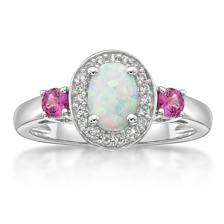 Sterling Silver Oval White Created Opal Genuine Amethyst And CZ Ring Sterling Silver Oval White Created Opal Genuine Amethyst And CZ Ring