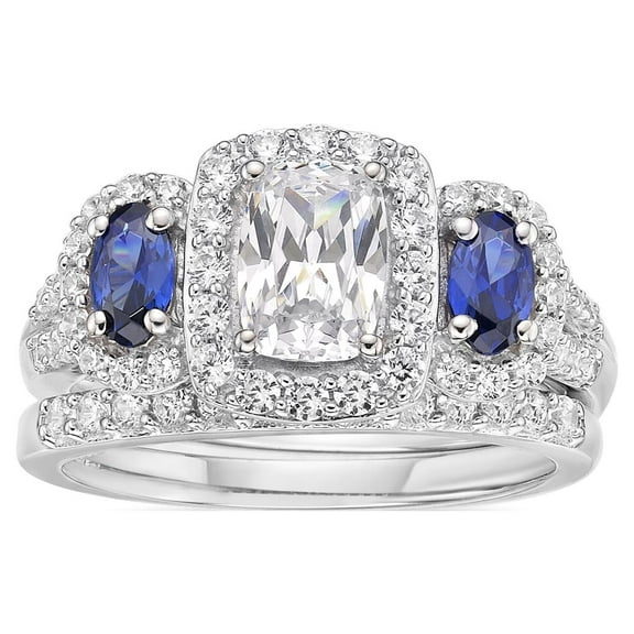 Brilliance Fine Jewelry 925 Sterling Silver Simulated White Diamond with Created Sapphire accent Bridal Engagement Ring Set