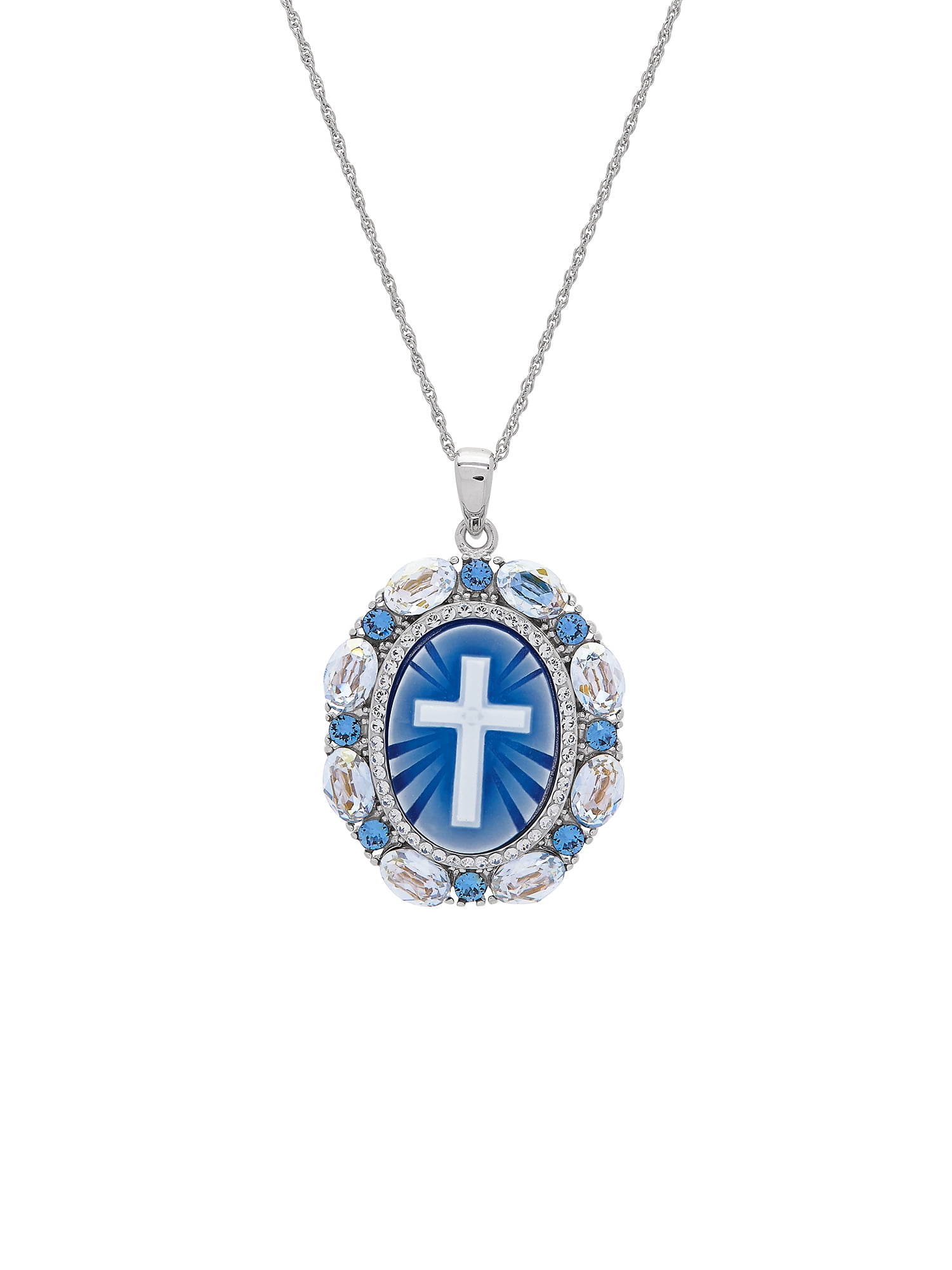 Brilliance Fine Jewelry Blue Cross Oval Cameo Crystal Pendant in Sterling Silver, 18''