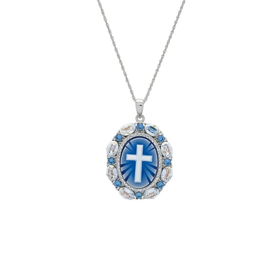 Brilliance Fine Jewelry Blue Cross Oval Cameo Crystal Pendant in Sterling Silver, 18''