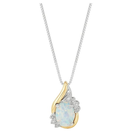 Brilliance Fine Jewelry Created Opal Diamond Accent Necklace in Sterling Silver and 10kt Yellow Gold,18"
