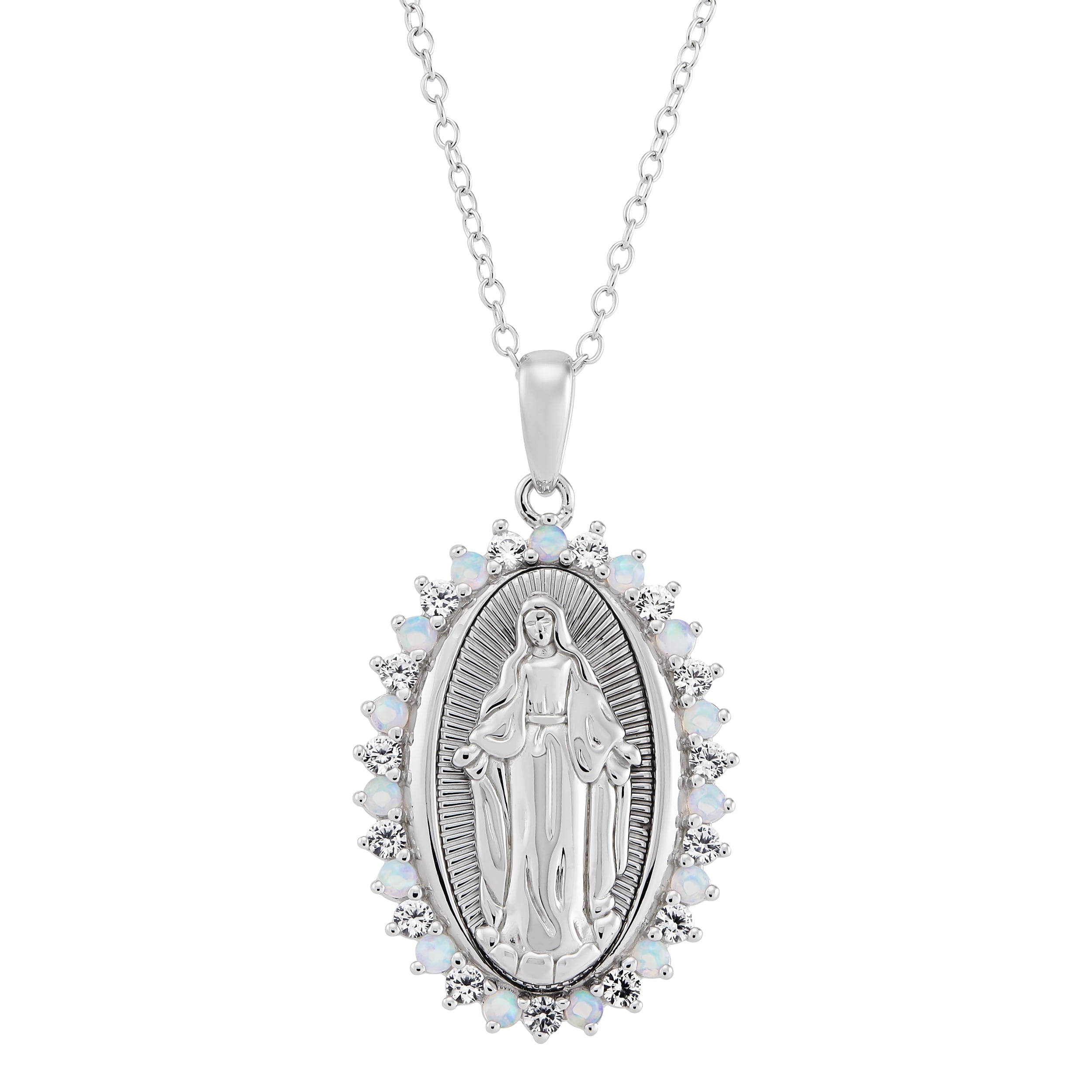 Brilliance Fine Jewelry Created Opal White Sapphire Oval Mary Pendant in Sterling Silver, 18"