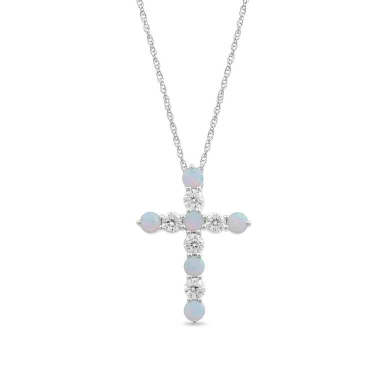 Sterling Silver Created Opal and CZ Cross with Heart Necklace Sterling Silver Created Opal and CZ Cross with Heart Necklace
