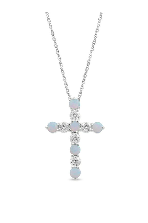Created Opal and Cubic Zirconia Cross Pendant in Sterling Silver