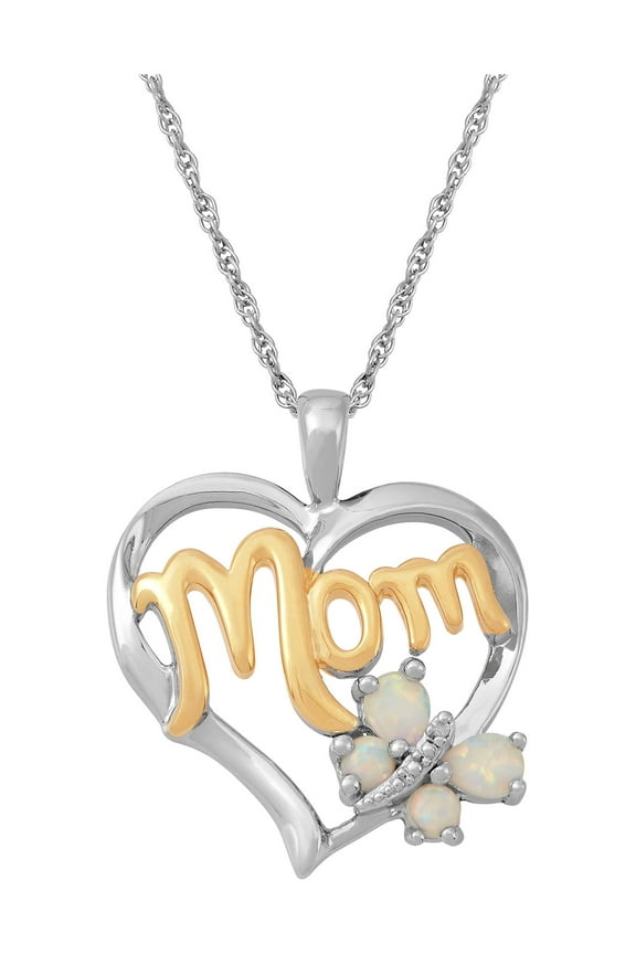 Created Opal with Diamond Accent 'Mom' Heart in Sterling Silver Pendant, 18" Necklace