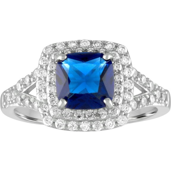 Brilliance Fine Jewelry Created Sapphire and CZ Sterling Silver Double-Halo Cushion Ring