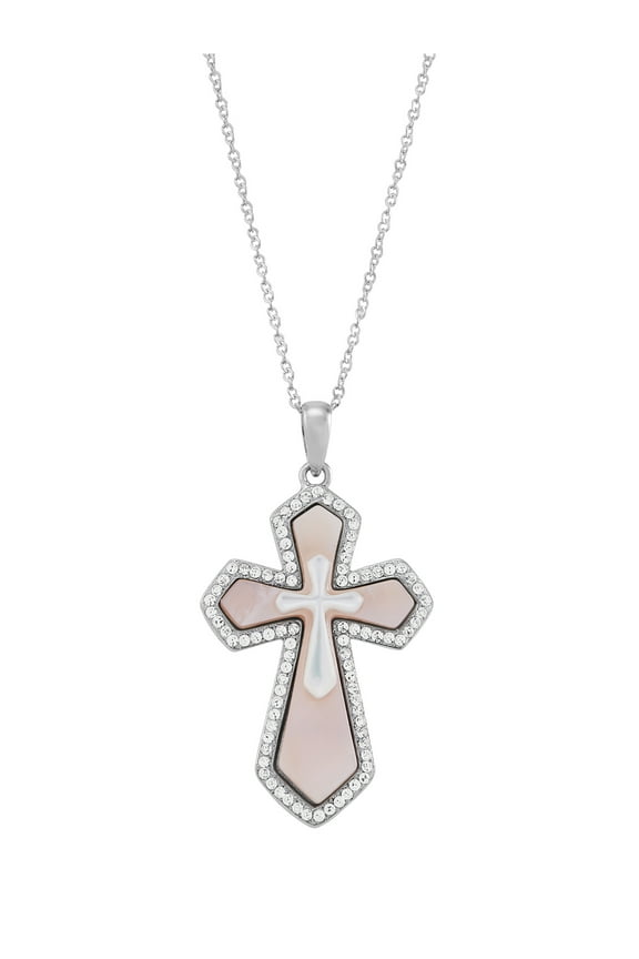 Cross Mother of Pearl,Crystal,Cross Pendant in Sterling Silver,18"