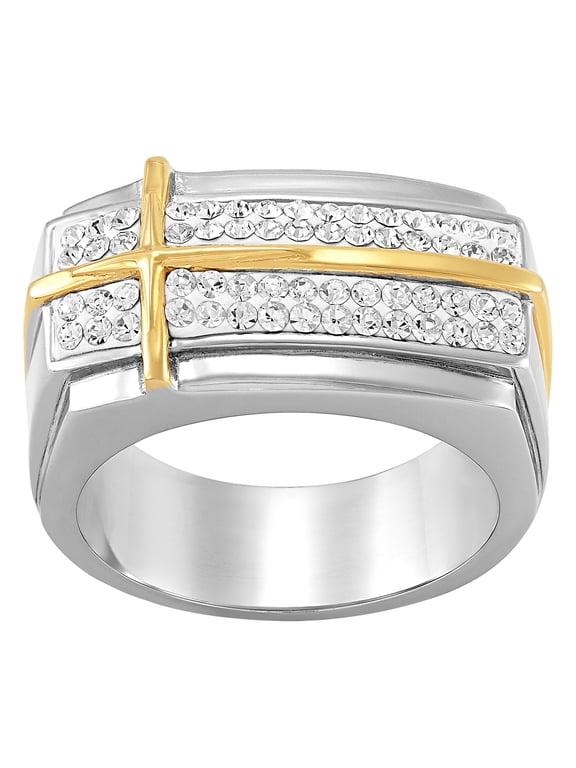 Band with Cross Overlay Crystals Stainless Ring, Size 11