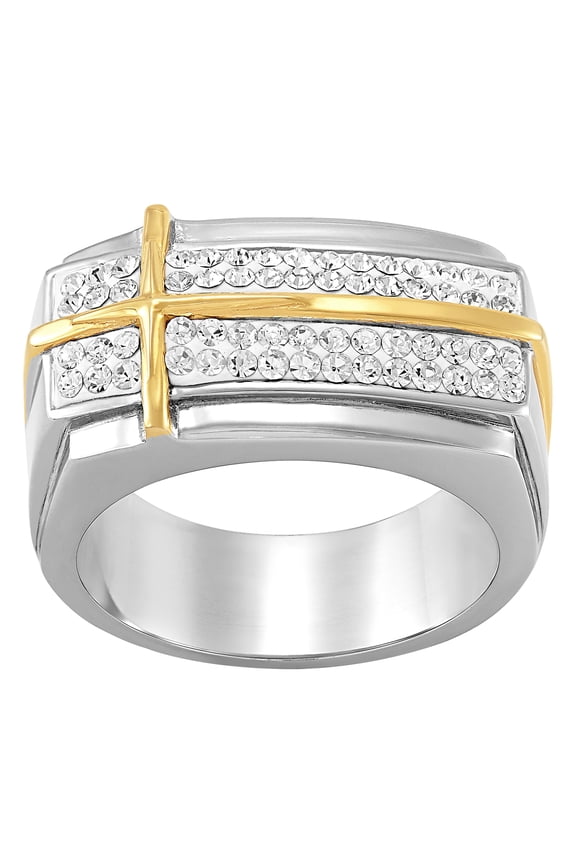 Band with Cross Overlay Crystals Stainless Ring, Size 11