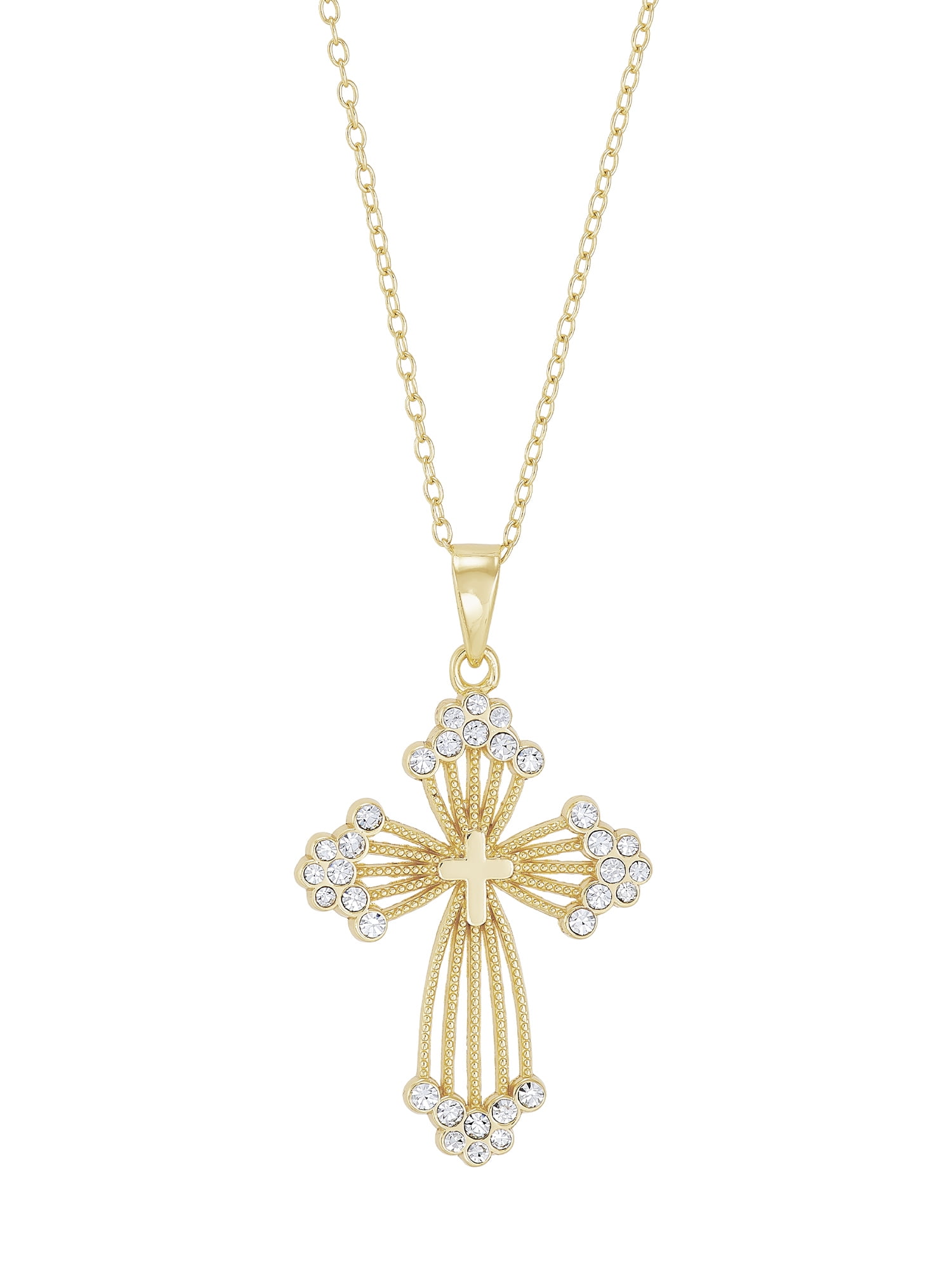 Brilliance Fine Jewelry Crystals Beaded Cross Pendant in Sterling Silver and 18K Gold Plate,18"