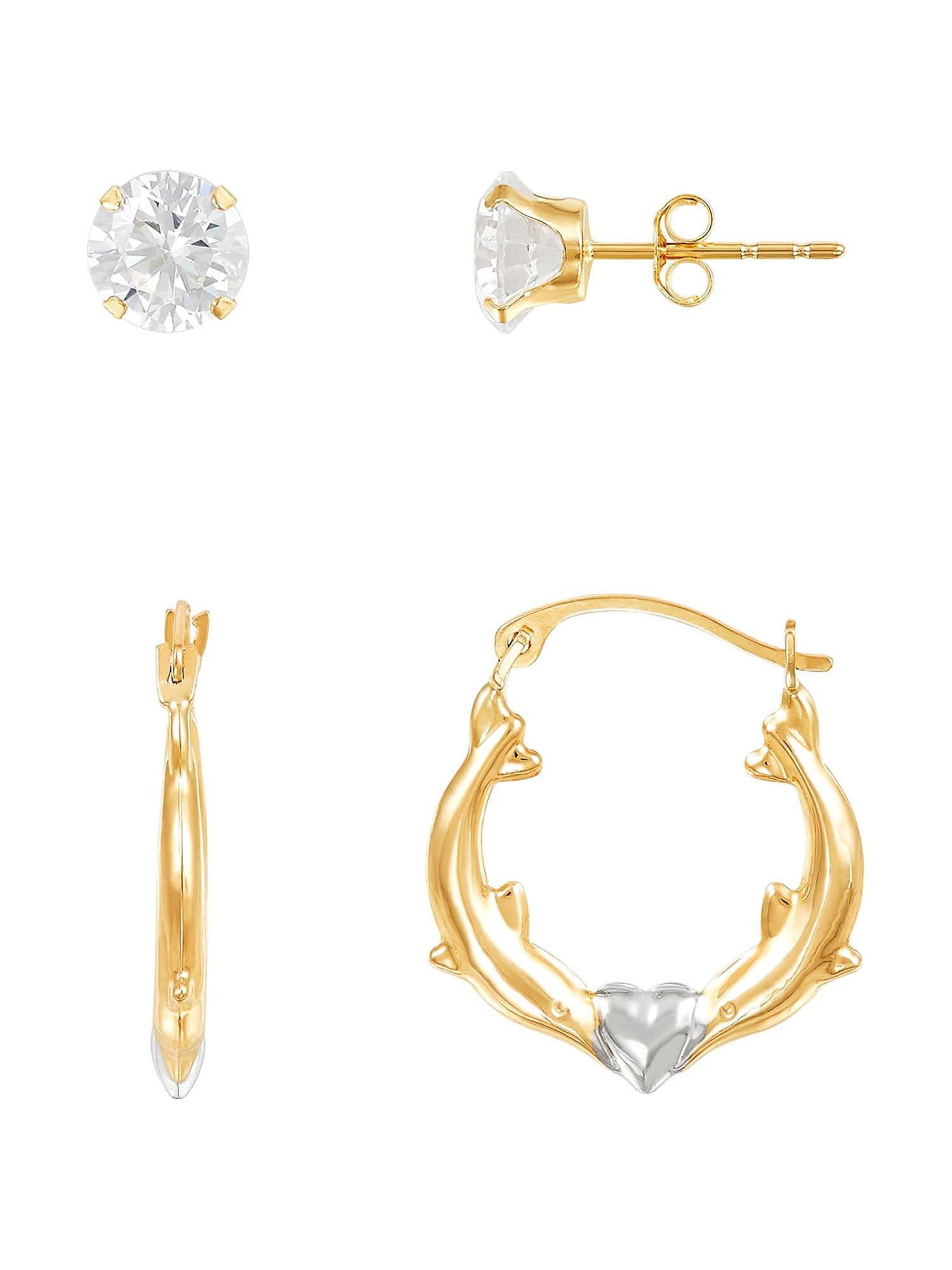 Brilliance Fine Jewelry Cubic Zirconia 6MM Studs and Dolphins Hoops Set in 10K Yellow Gold