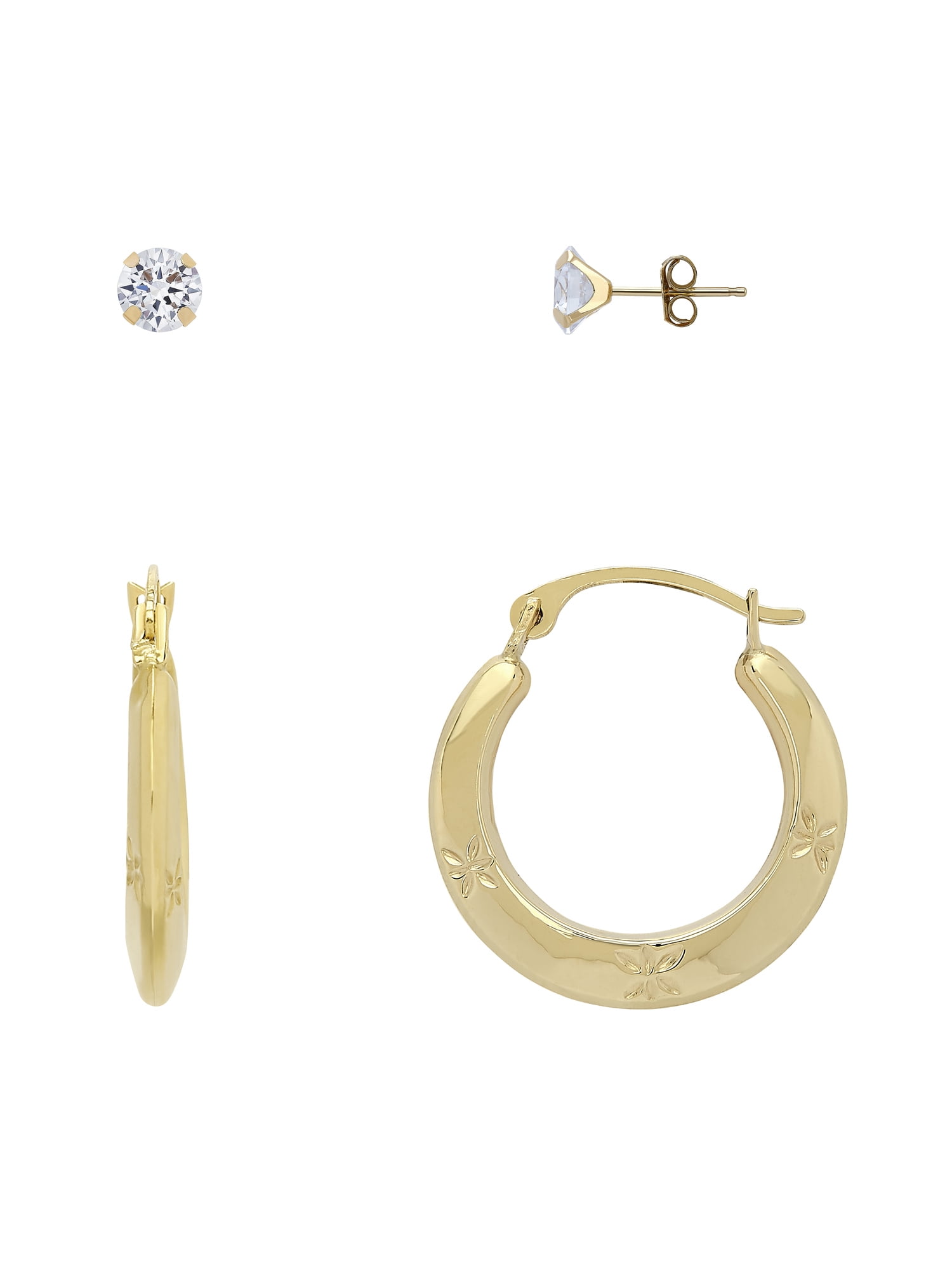 Brilliance Fine Jewelry Cubic Zirconia 6MM Studs and Hollow Hoops Set in 10K Yellow Gold