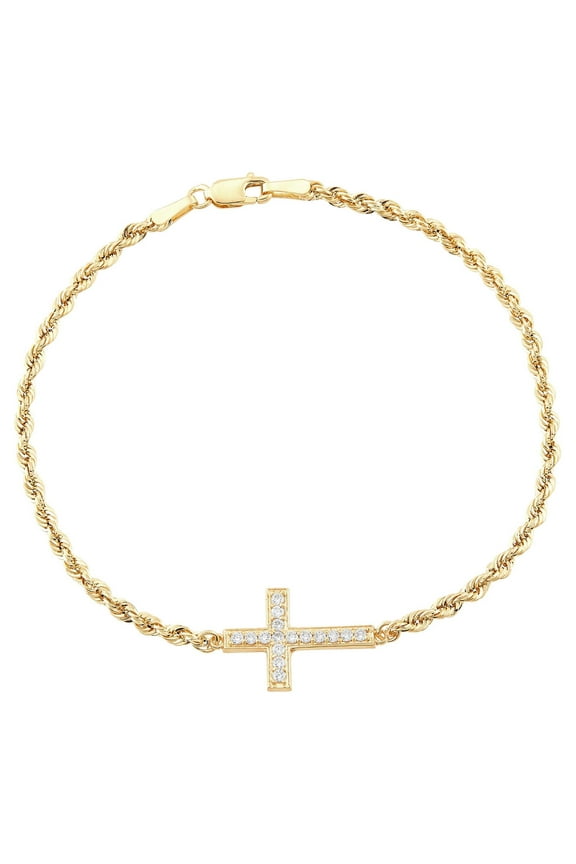 Cubic Zirconia Cross Rope Bracelet in 10K Yellow Gold, 7.5"