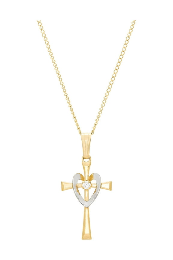 Cubic Zirconia Cross with Heart Pendant in Gold-Filled,18"