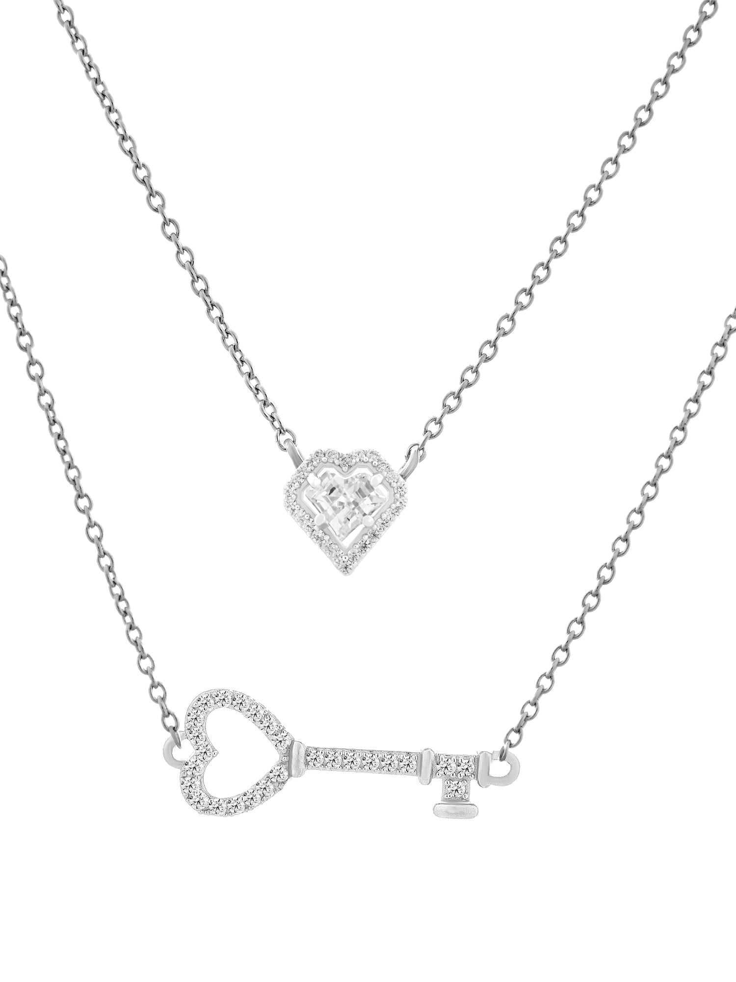 Brilliance Fine Jewelry Cubic Zirconia Key and Heart Two Layered Necklace in Silver