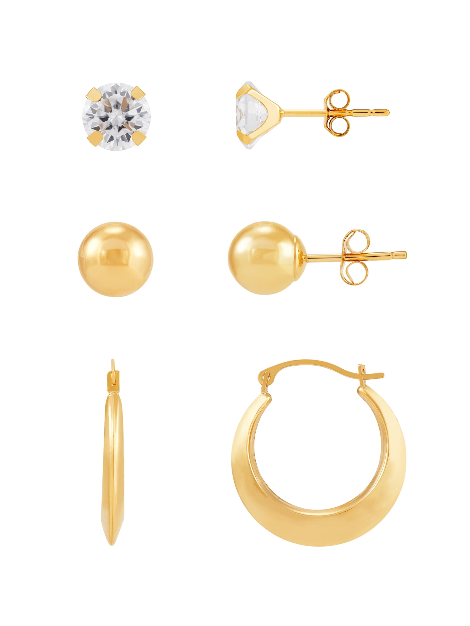 Brilliance Fine Jewelry Cubic Zirconia Studs,Ball Studs,Round Hoops Set in 10K Yellow Gold