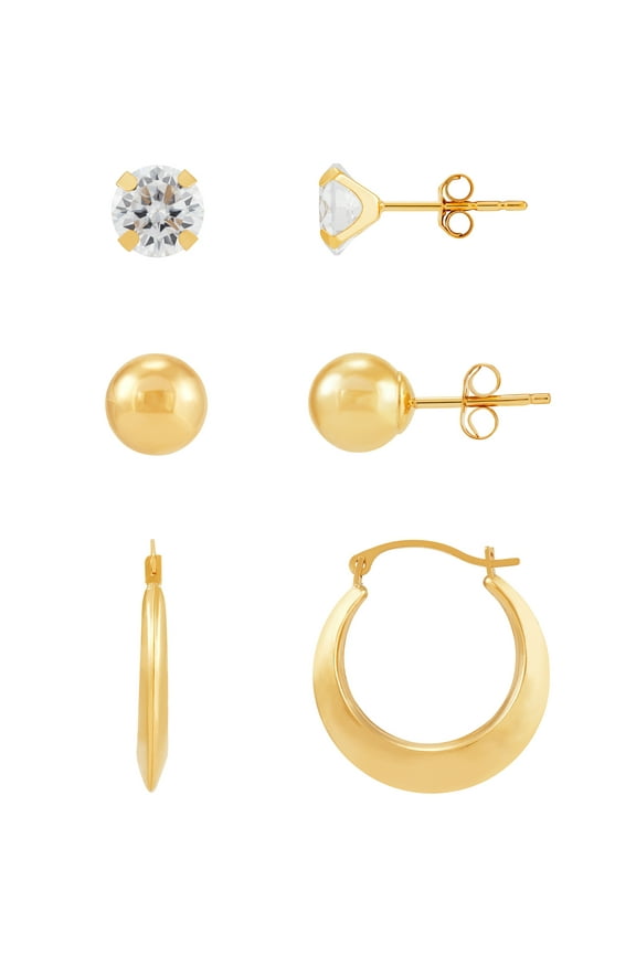 Cubic Zirconia Studs,Ball Studs,Round Hoops Set in 10K Yellow Gold