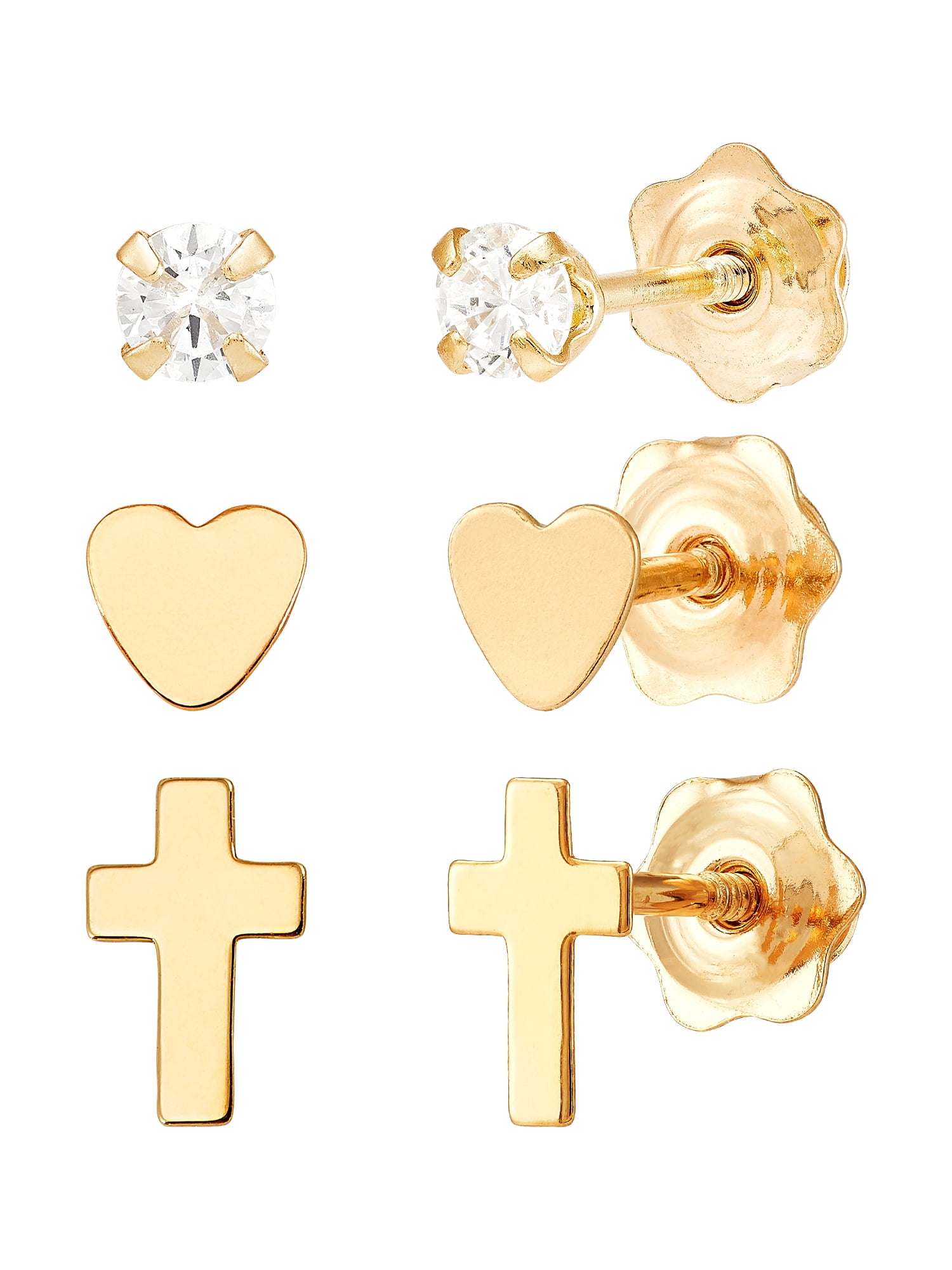 Brilliance Fine Jewelry Cubic Zirconia Studs,Cross,Heart Studs Set in 10K Yellow Gold