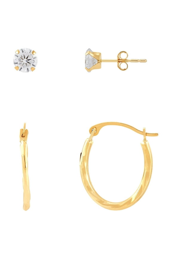 Cubic Zirconia Studs and Oval Hollow Hoops Set in 10K Yellow Gold