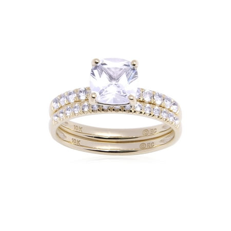 Brilliance Fine Jewelry Cushion Cut Created White Sapphire Bridal Set in 10K Yellow Gold