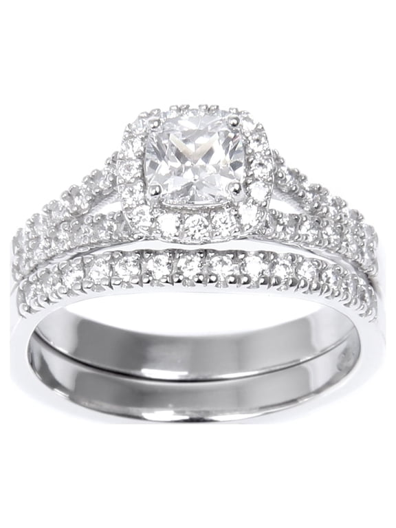 Cushion Cut Simulated Diamond Engagement Ring Set in Sterling Silver