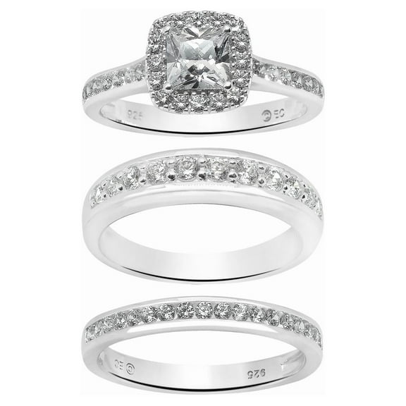 Brilliance Fine Jewelry Cushion Cut Simulated Diamond Engagement Ring Trio Set in Sterling Silver