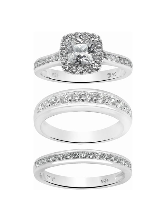 Cushion Cut Simulated Diamond Engagement Ring Trio Set in Sterling Silver