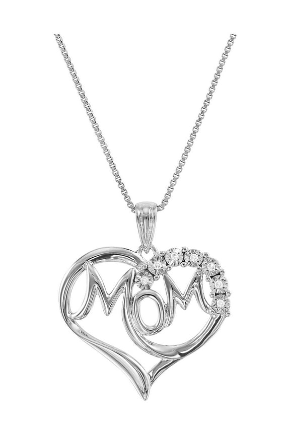 Women's Natural Diamond Accent Mom Heart Sterling Silver Pendant and Necklace, 18"