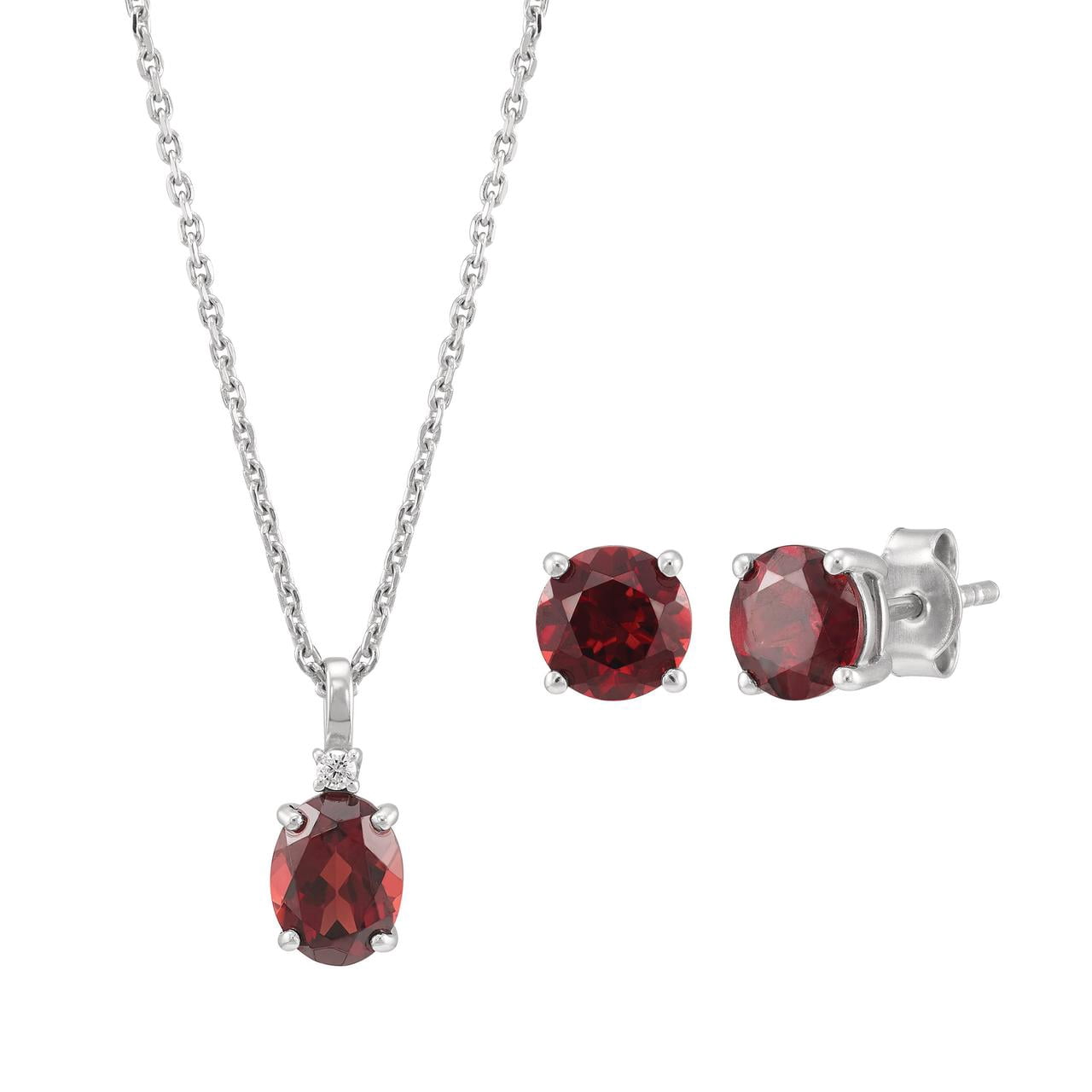 Brilliance Fine Jewelry Garnet and White Cubic Zircoina Pendant Necklace and Studs Set in Sterling Silver