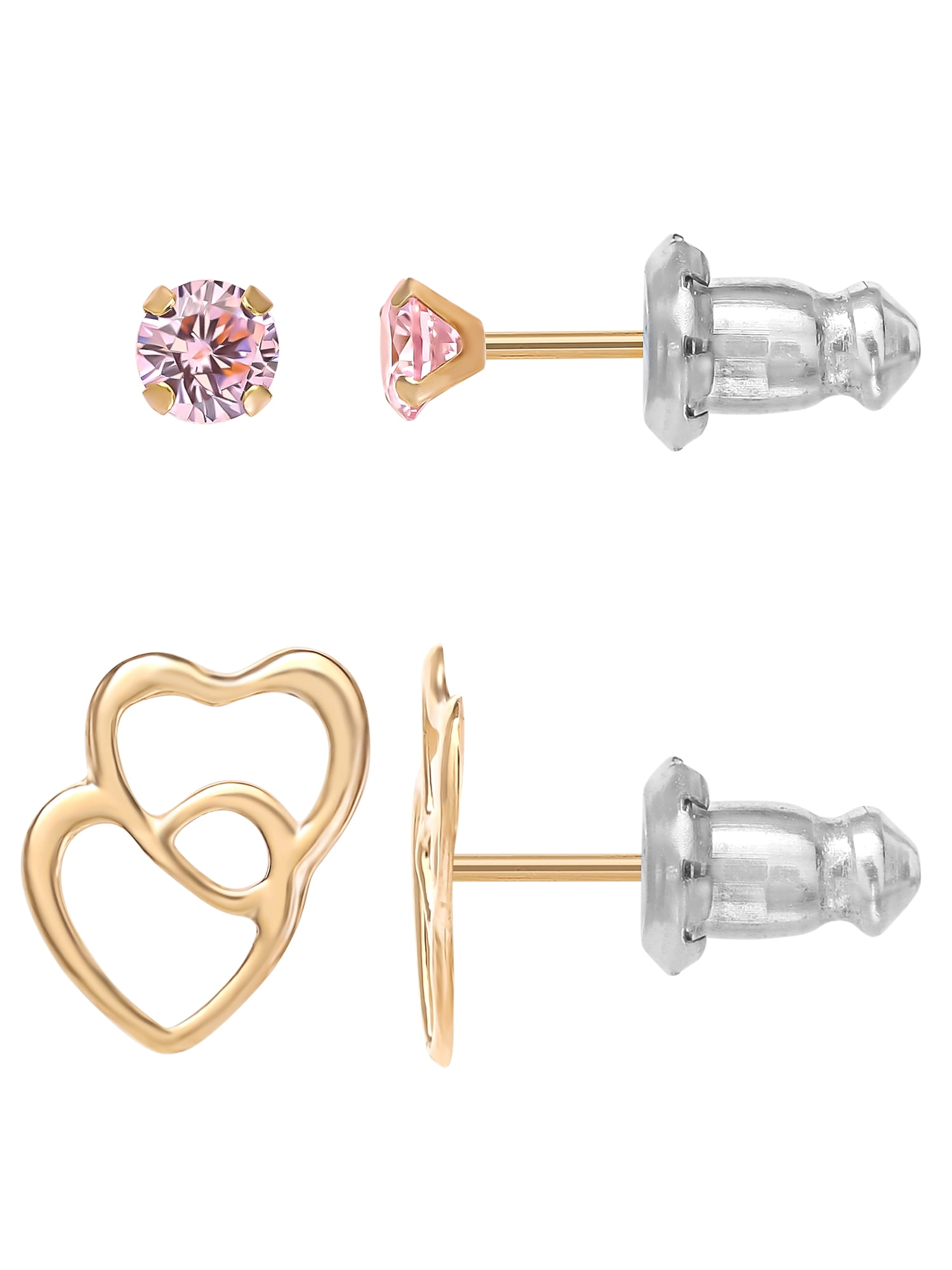 Brilliance Fine Jewelry Girl’s 14kt Yellow Gold Cubic Zirconia and Double Heart Stud Earring Set