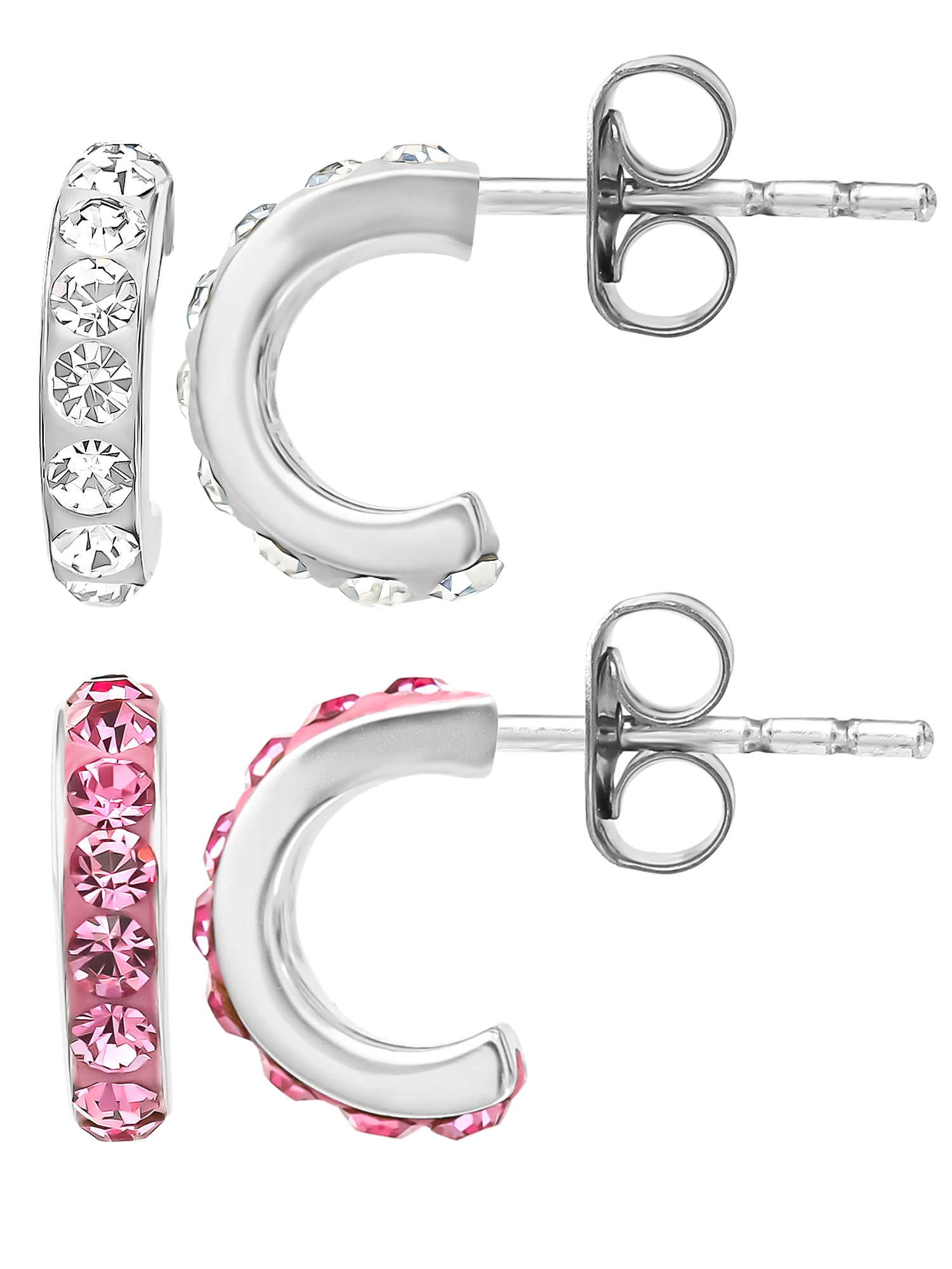Brilliance Fine Jewelry Girl’s Crystal J Hoop Earrings Set, Sterling Silver, Comes with 2 Pairs