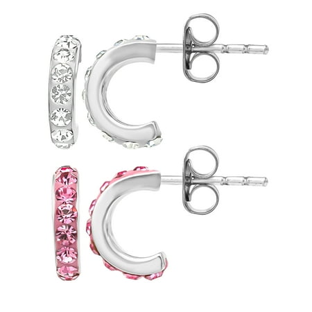 Brilliance Fine Jewelry Girl’s Crystal J Hoop Earrings Set, Sterling Silver, Comes with 2 Pairs