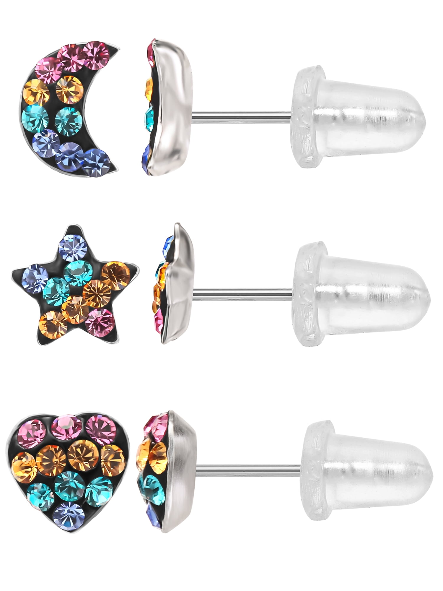 Brilliance Fine Jewelry Girl’s/Tween Sterling Silver Crystal Heart, Star and Moon Stud Earring Set