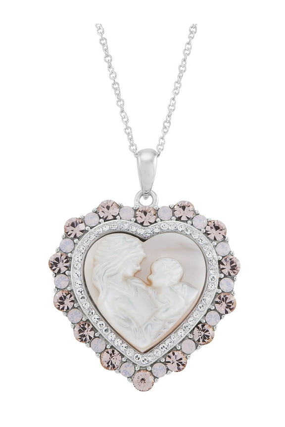 Heart Mother of Pearl,Crystal,Mom,Baby Pendant in Sterling Silver,18"