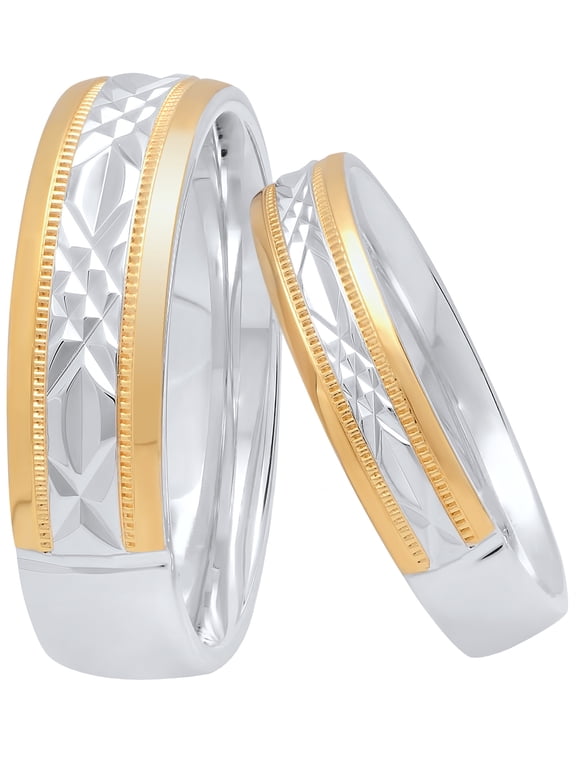 Brilliance Fine Jewelry His and Hers Sterling Silver Diamond Cut 14K Gold Plated Wedding Band Set