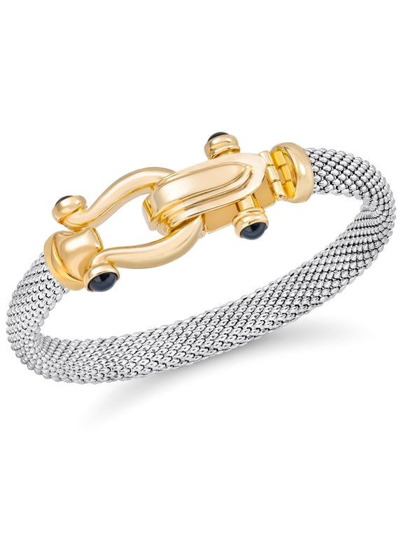 Italian Sterling Silver 14K Gold Flash-Plated Mesh Bangle Black Spinel Dewdrop Horseshoe Clasp