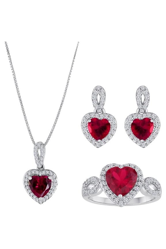 Lab-Created Ruby and CZ Fine Silver-Plated Brass Boxed Set with Earring, Ring and Pendant, 18"