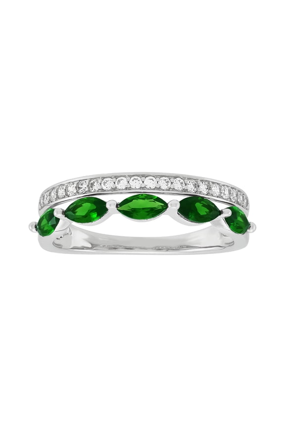 Marquise Simulated Emerald and White Cubic Zirconia Ring in Sterling Silver