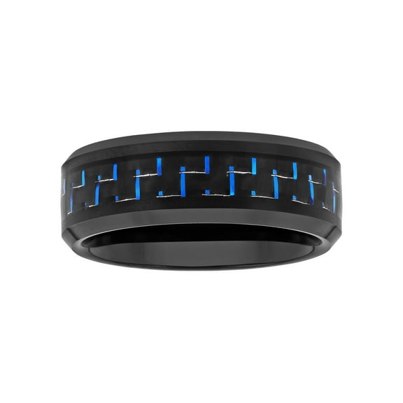 Brilliance Fine Jewelry Men's Black & Blue Carbon Fiber Inlaid Ring in Black Tungsten - Wedding Band