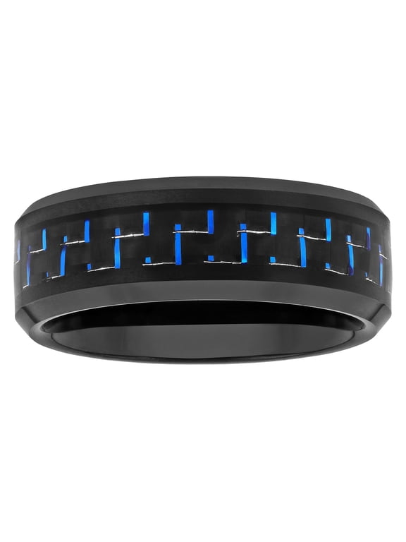 Men's Black & Blue Carbon Fiber Inlaid Ring in Black Tungsten - Wedding Band