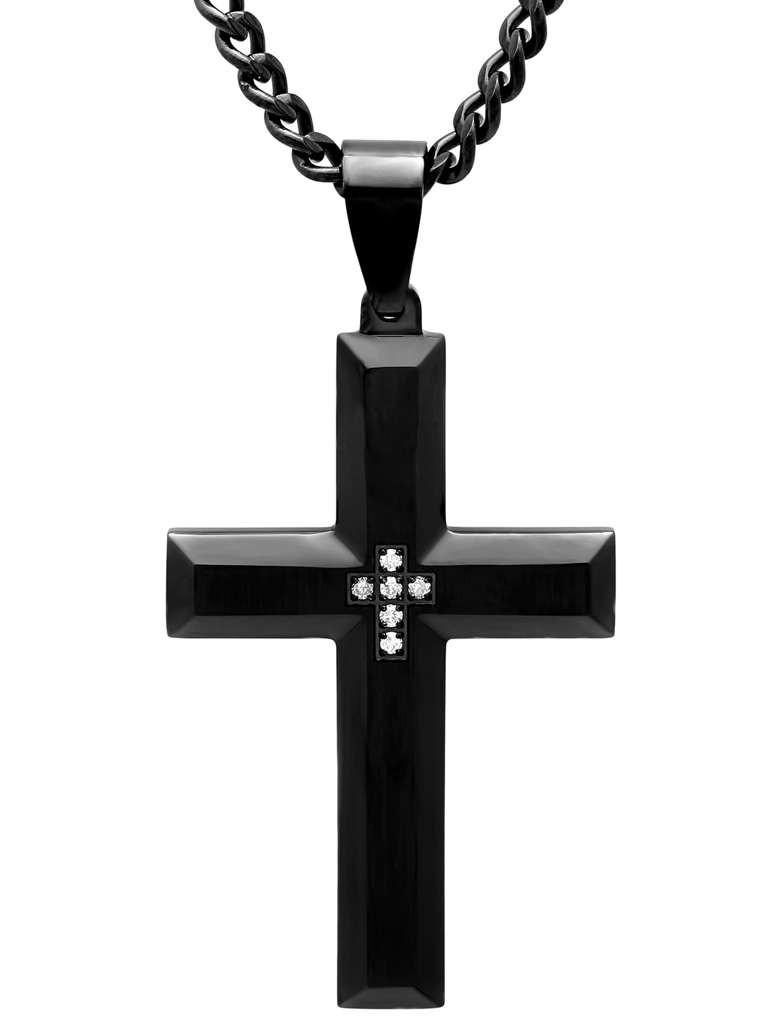 Brilliance Fine Jewelry Men's Black IP Stainless Steel Diamond Accent Cross - Mens Pendant Necklace Chain