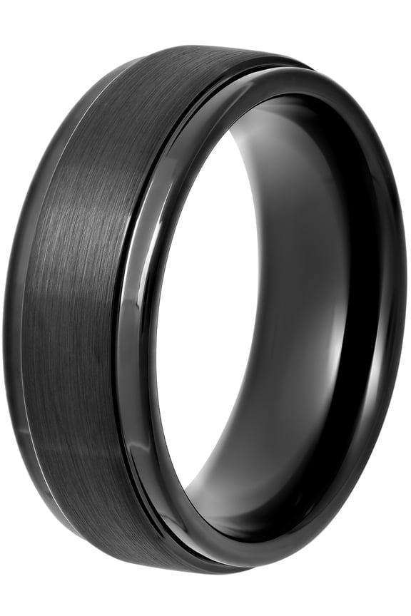 Men's Black Tungsten Step Edge Satin Comfort Fit 8MM Wedding Band - Mens Ring