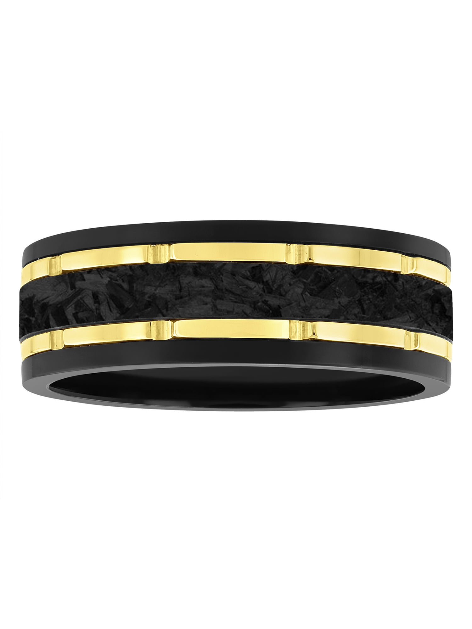 Brilliance Fine Jewelry Men's Black Tungsten with Yellow Finish & Forged Carbon Fiber Center Grooved Band - Wedding Band