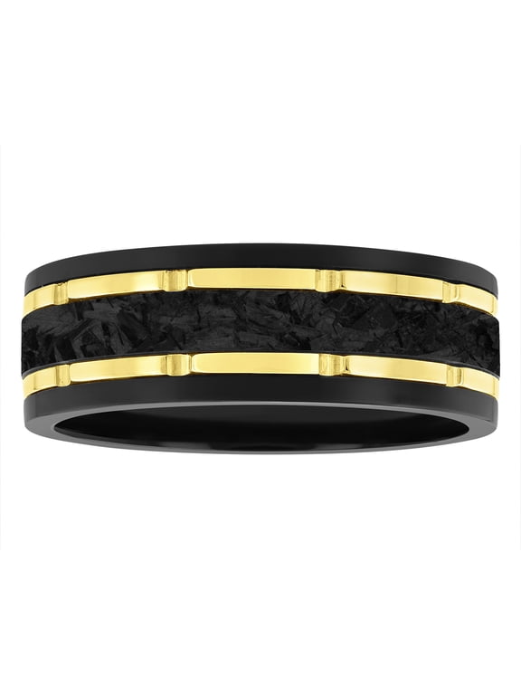 Men's Black Tungsten with Yellow Finish & Forged Carbon Fiber Center Grooved Band - Wedding Band